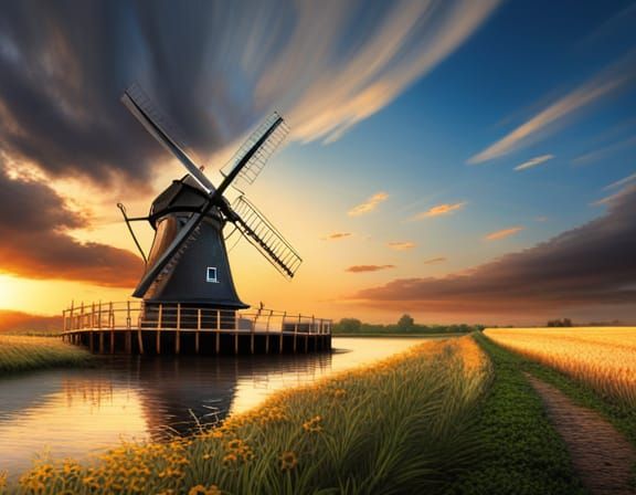 Hyperrealistic Windmill in Dutch Countryside Splash Art