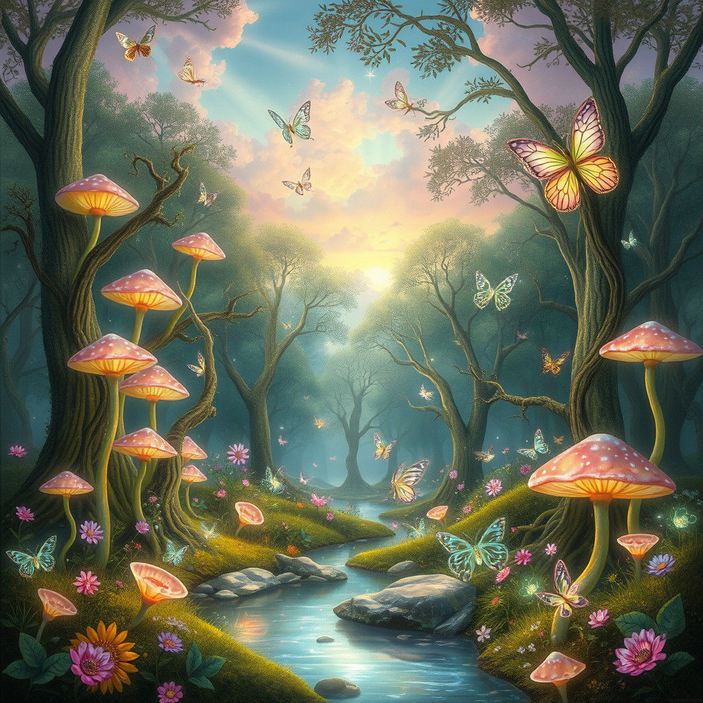 Enchanted Fairy World with Iridescent Mushrooms