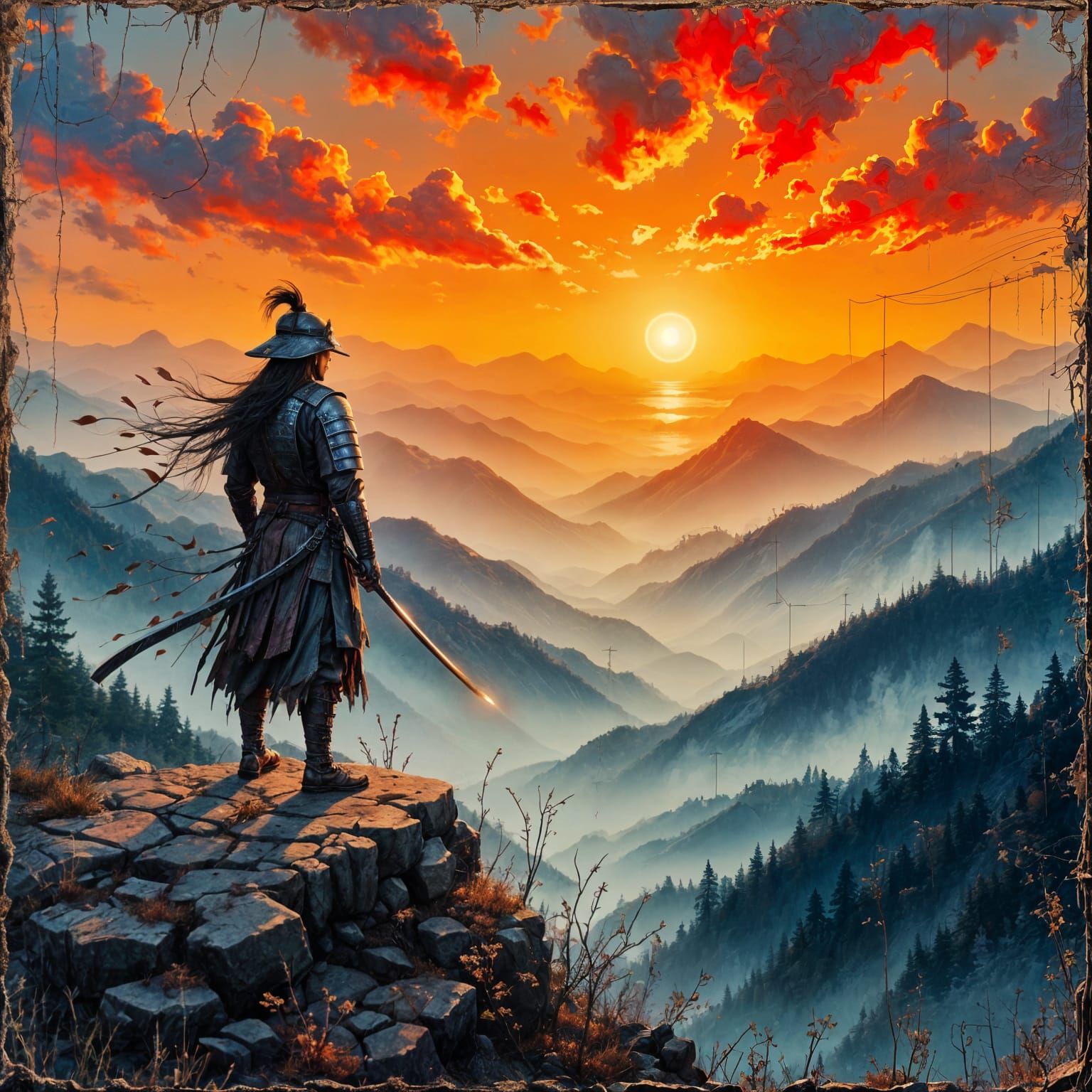 Samurai Warrior on Windswept Mountain as Oil Painting