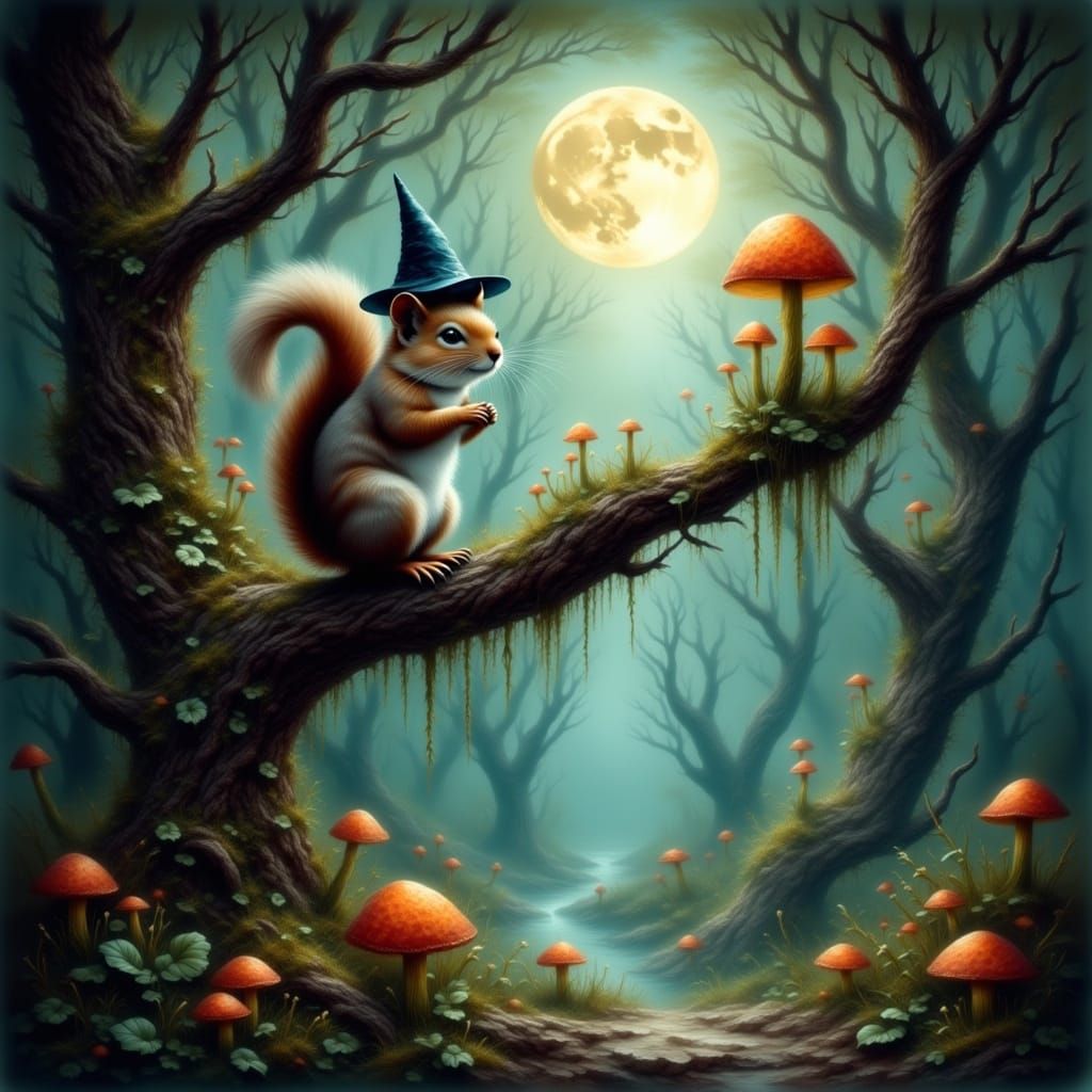 Mischievous Squirrel in Witch Hat in Enchanted Forest