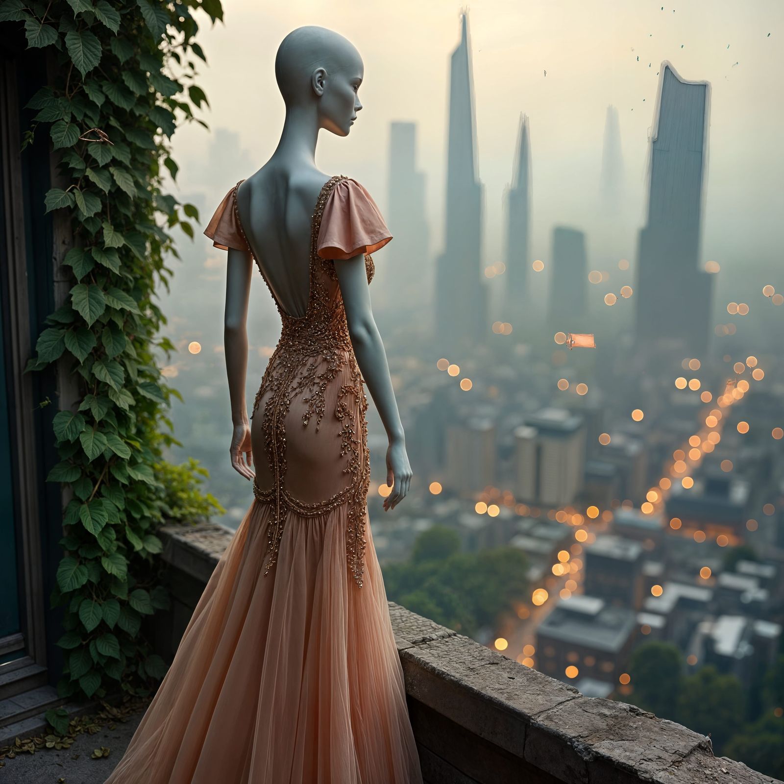 Vintage Rose Gold Dress Overlooking High-Tech City