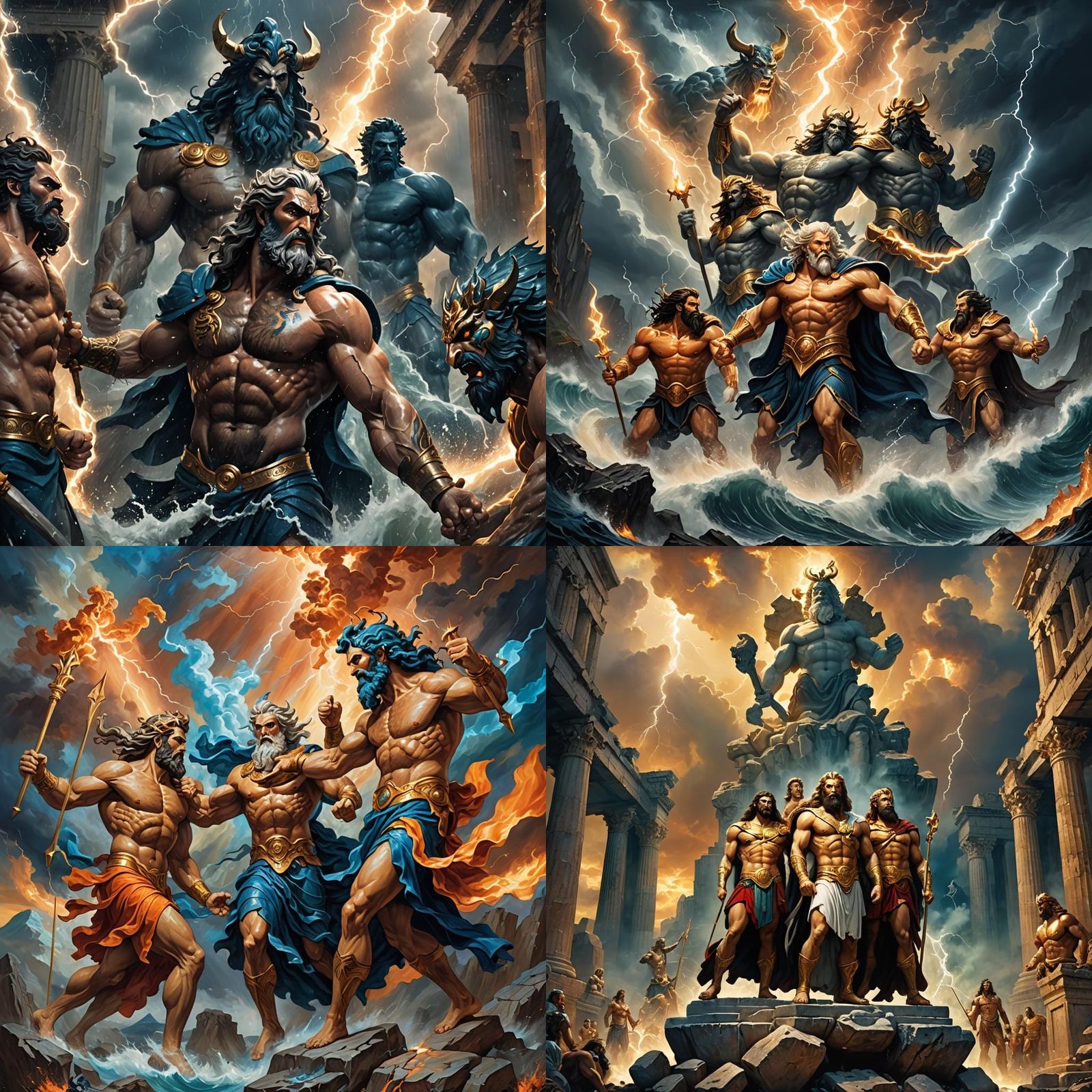 Zeus, Poseidon, and Hades Battle: Detailed Matte Painting