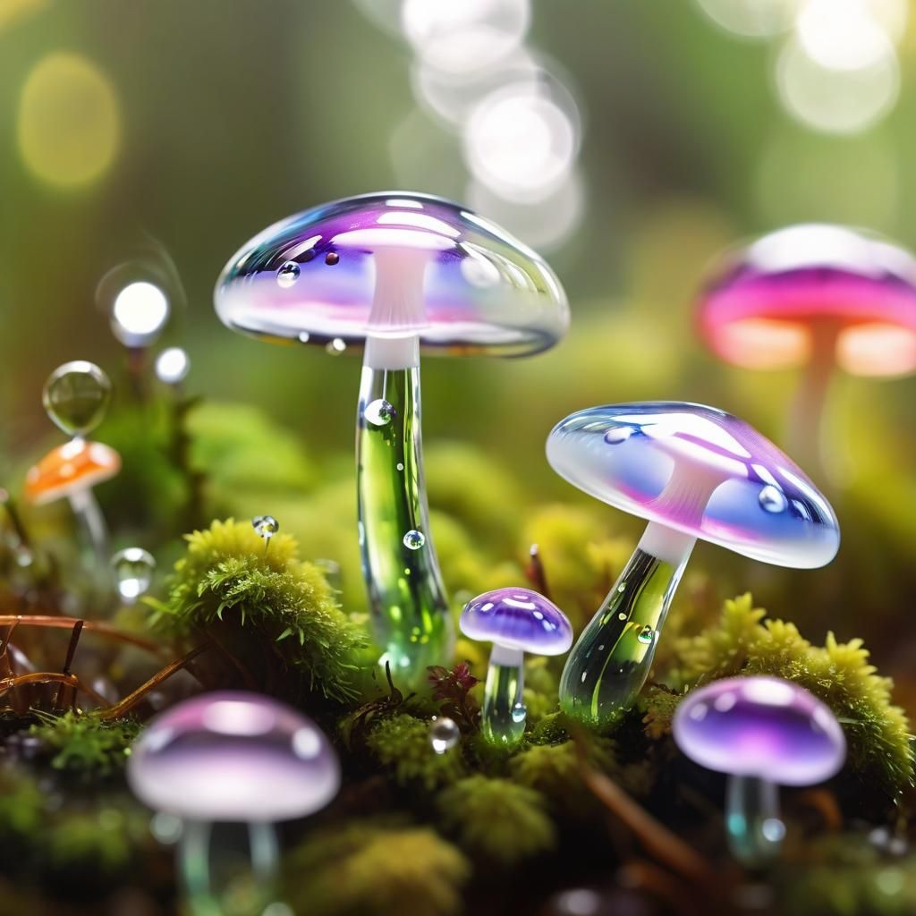 Colorful Transparent Glass Mushrooms Macro Photography