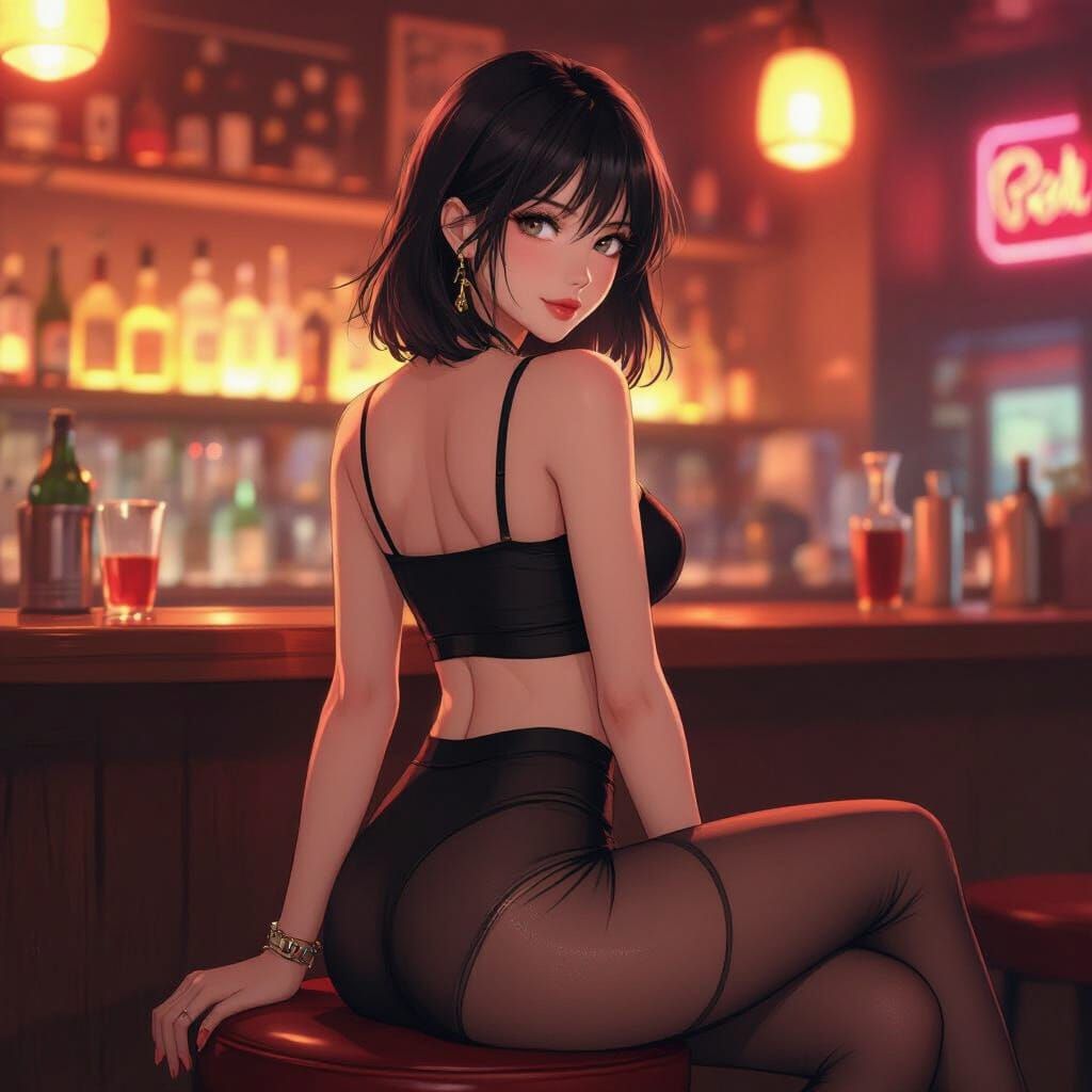 Elegant Anime Woman in Neon Bar, Futuristic Style