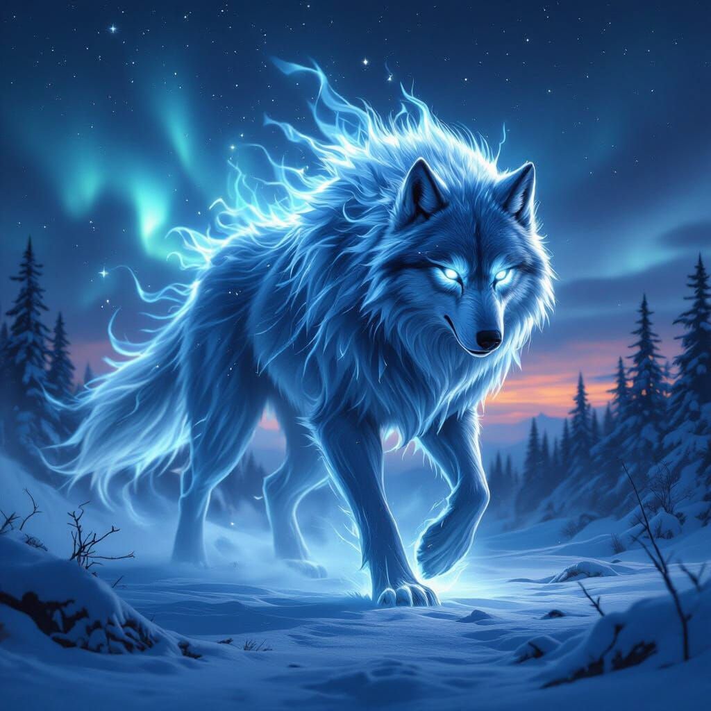 Colossal Spectral Wolf in Snowy Forest Twilight