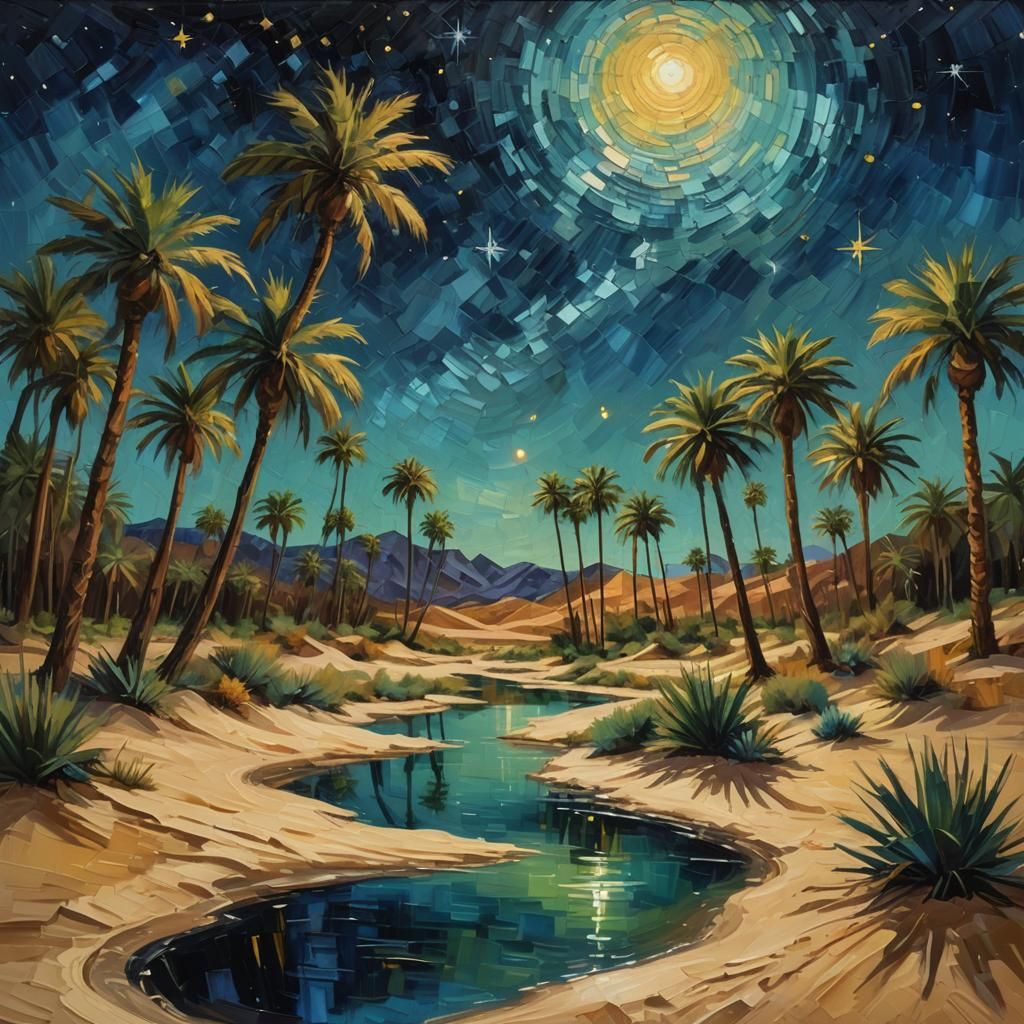 Desert Oasis at Night in Expressionist Style