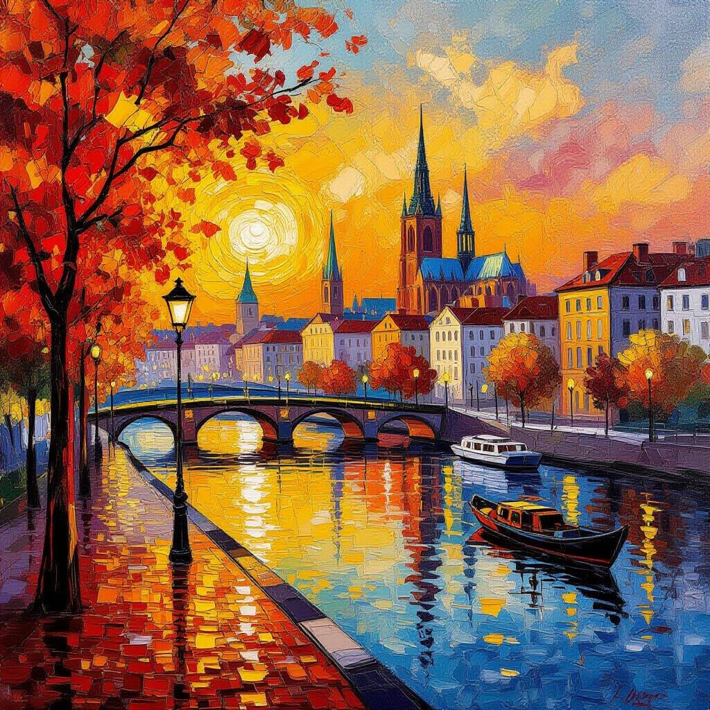 Autumn Cityscape in Neo-Impressionist Oil Painting Style