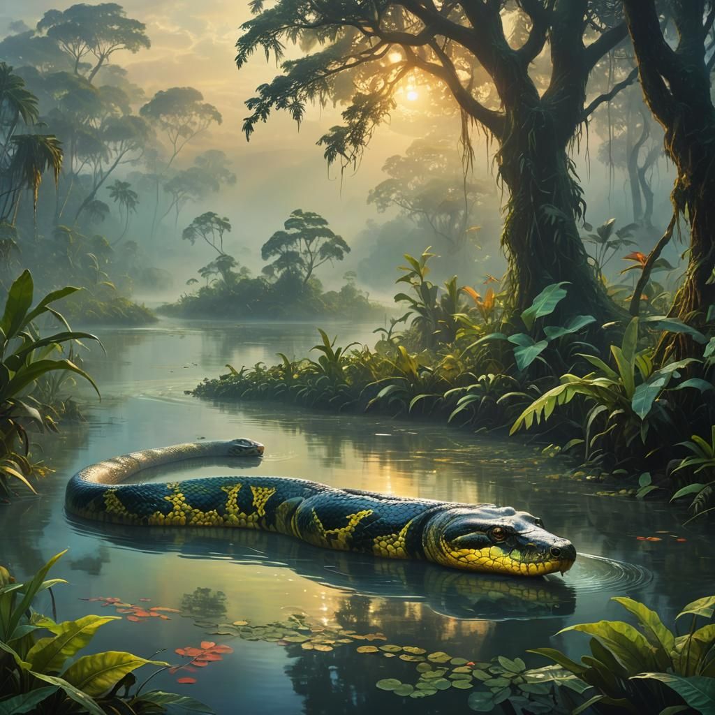 Vibrant Amazonian Fantasy: Anaconda in Mystical Habitat