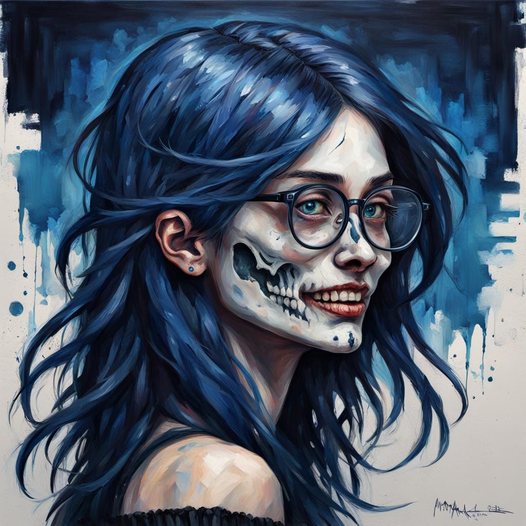 Grotesque Girl with Skull Face, Impressionist Painting