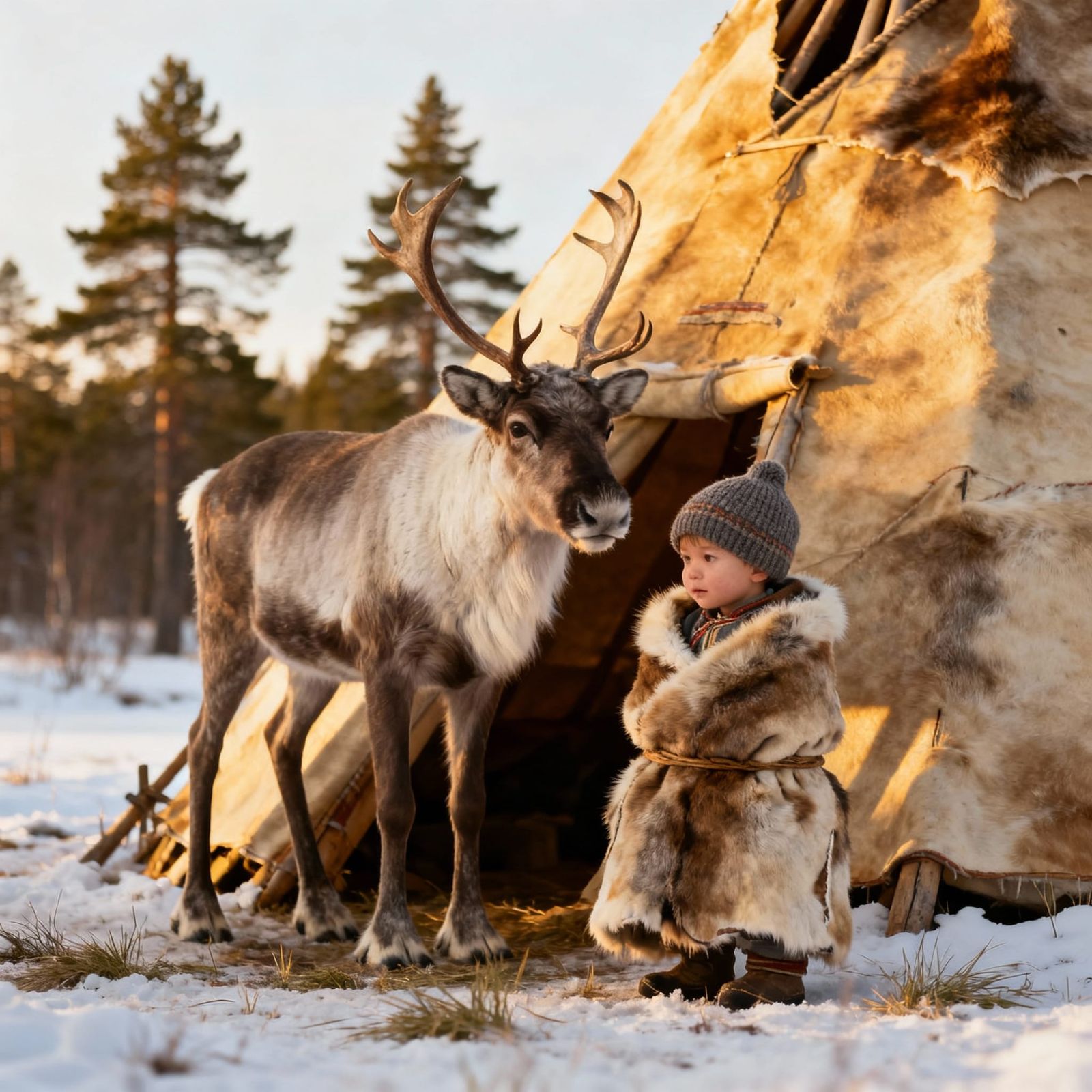 Indigenous Sami Boy with Reindeer in Traditional Dwelling