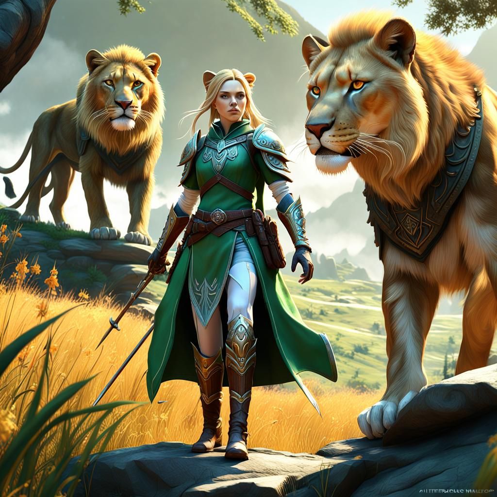 Elven Ranger and Lioness Companion in Anime Style