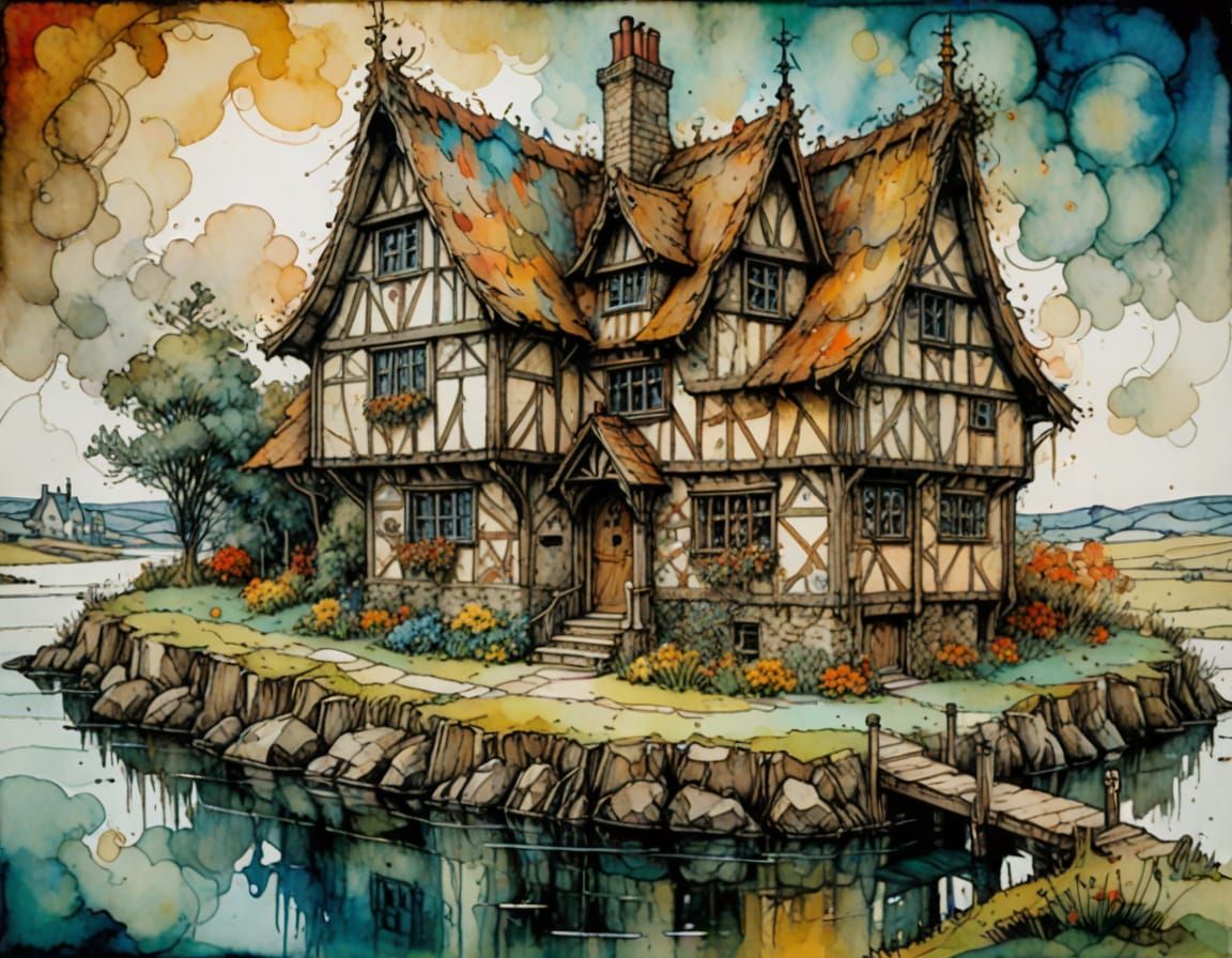 Whimsical Tudor Cottage in Water-Diluted Ink
