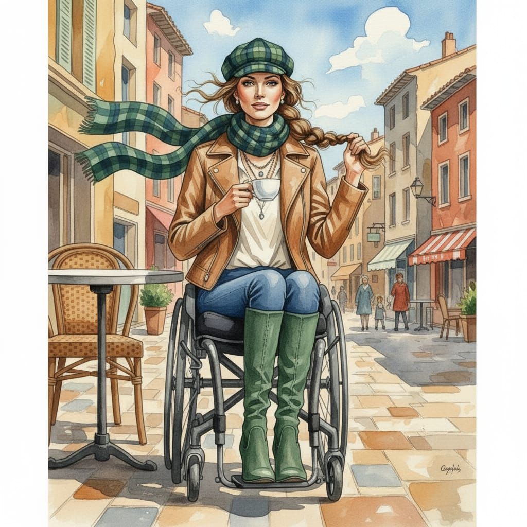 Elegant Woman Enjoys Coffee on French Cafe Terrace