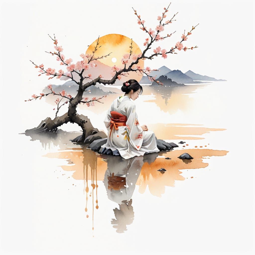 Woman in Kimono Seated by Lakeside in Golden Sunset