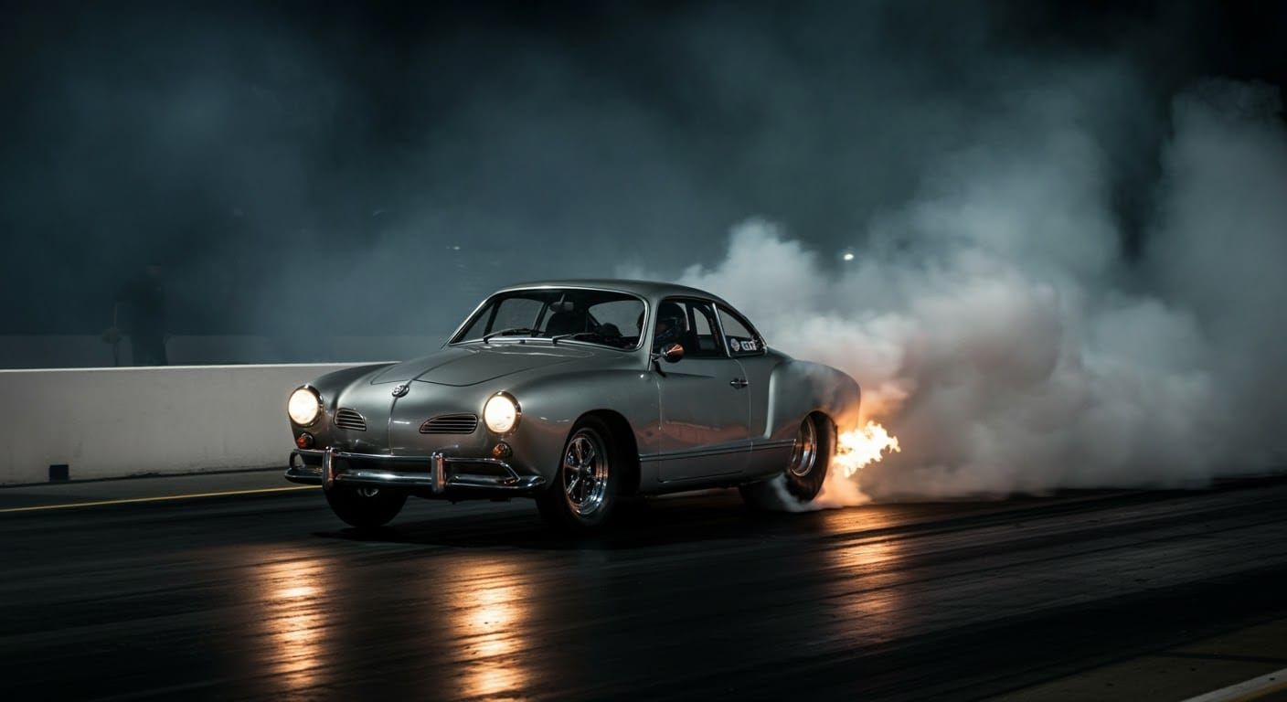Karmann Ghia Dragster Burnout on Racetrack