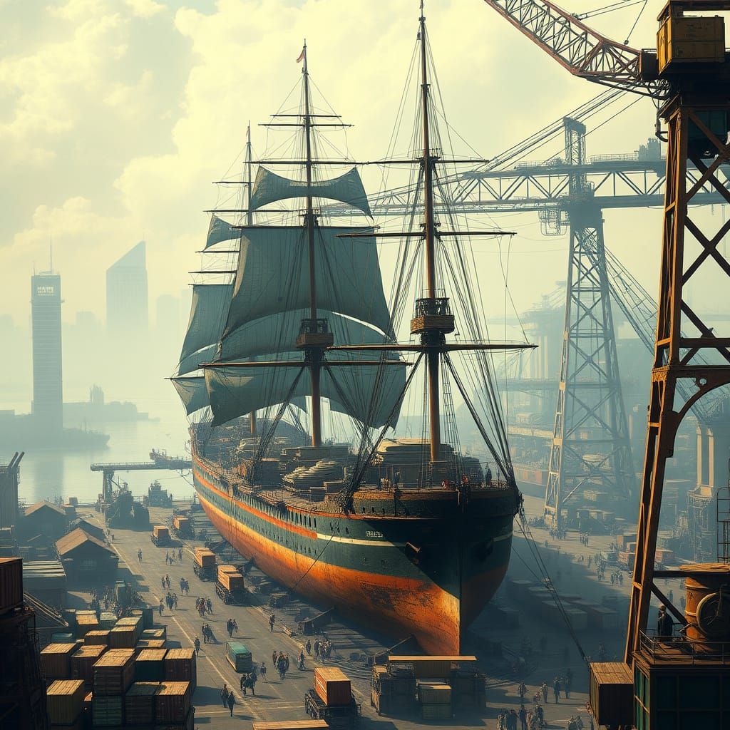 Industrial Coastal City with Majestic Cargo Ships and Lattic...