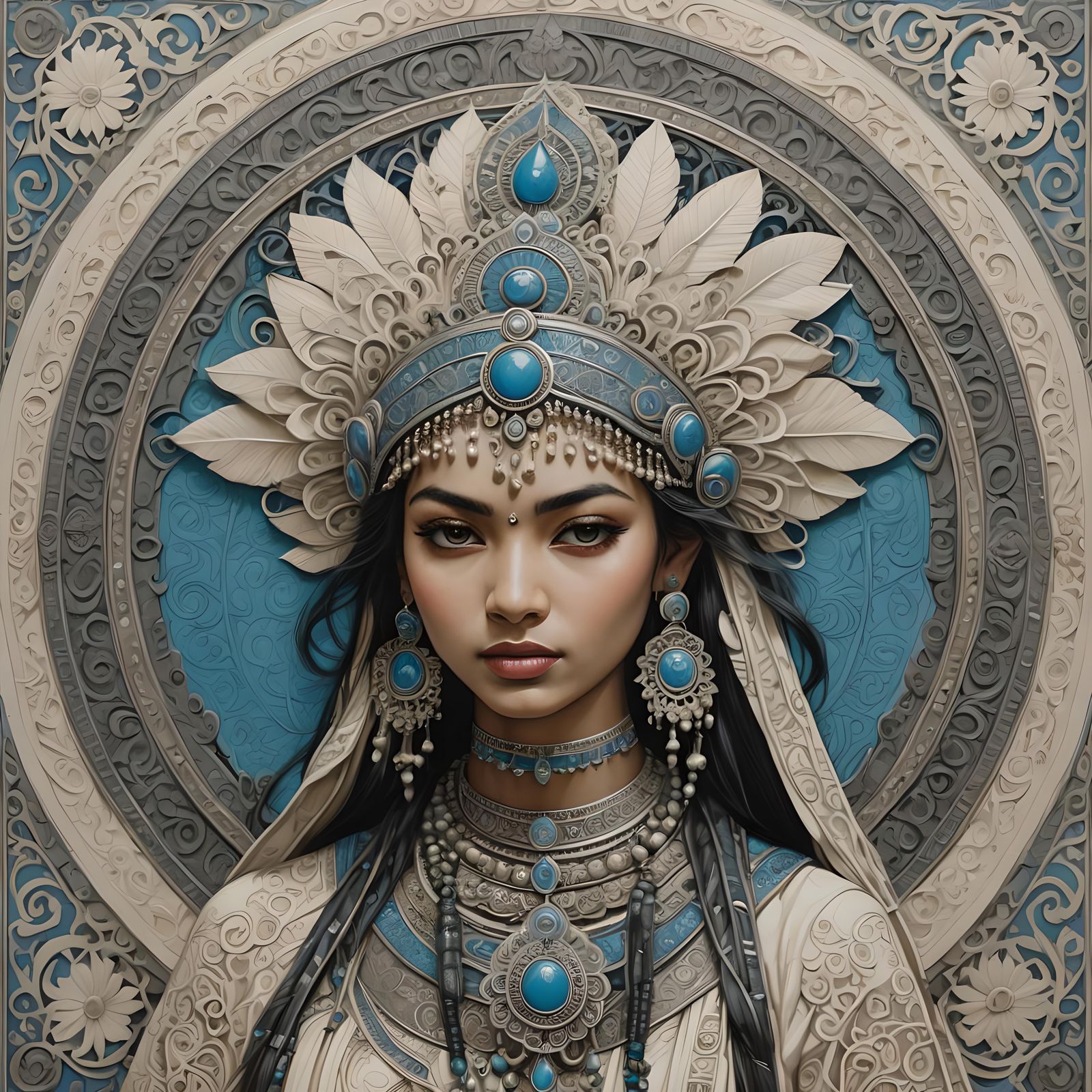 Woman with Filigree Headdress and Devanagari Medallion