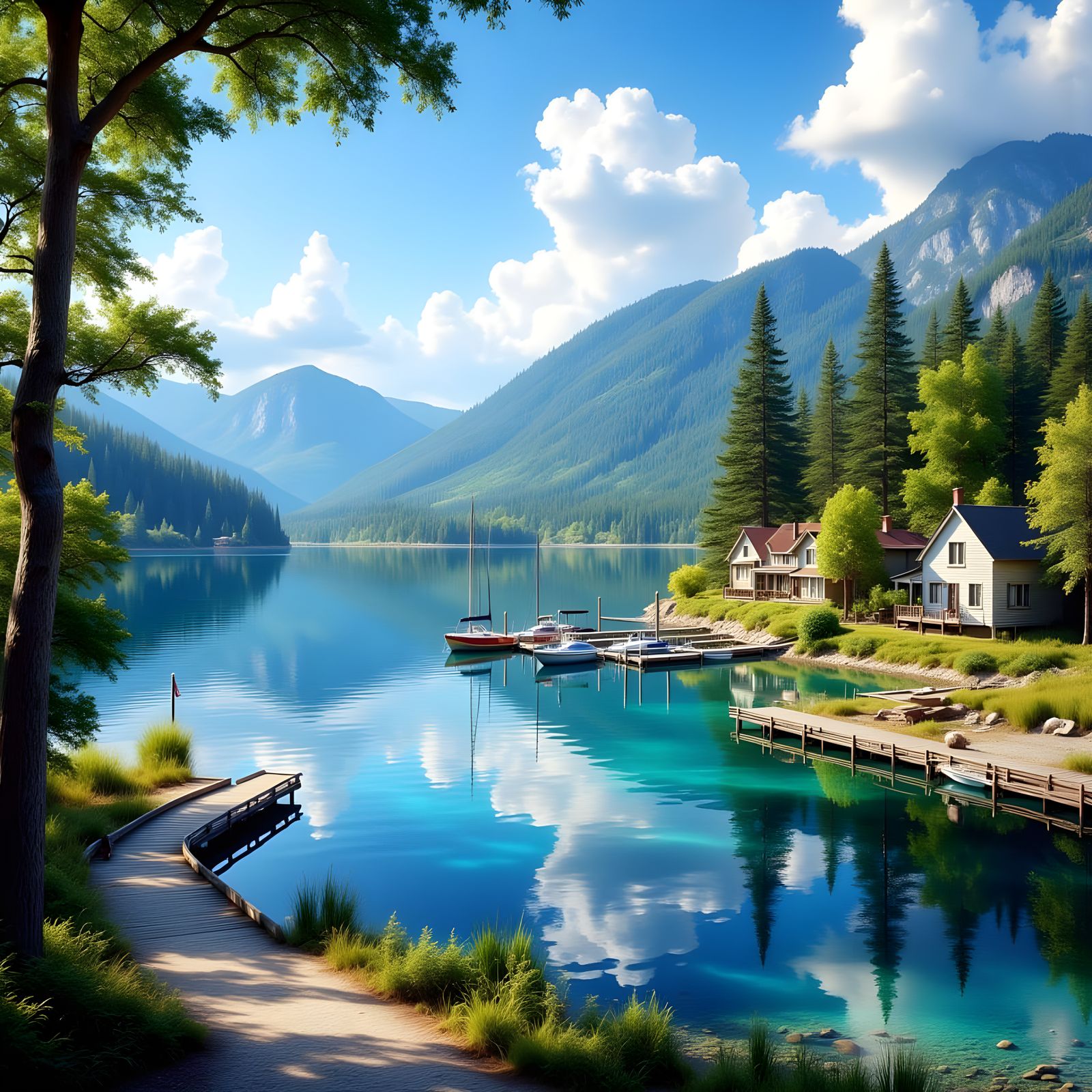 Dreamy Watercolor Lake Scene in Sunny Serenity