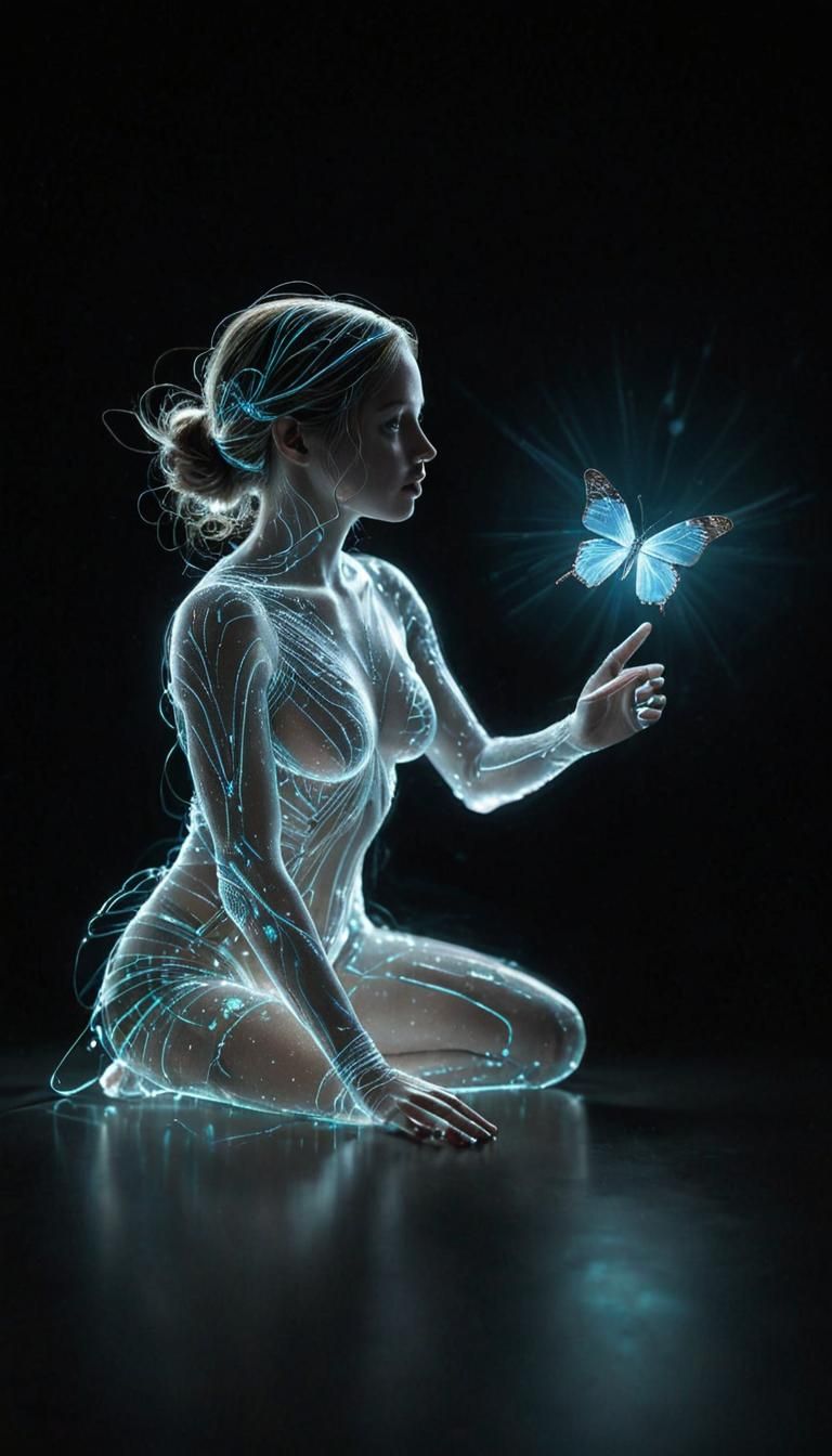 Ethereal Bioluminescent Hologram Emissary in Darkened Realm