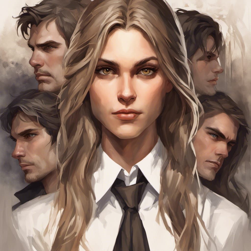 Detailed Portrait of Woman Between Two Men