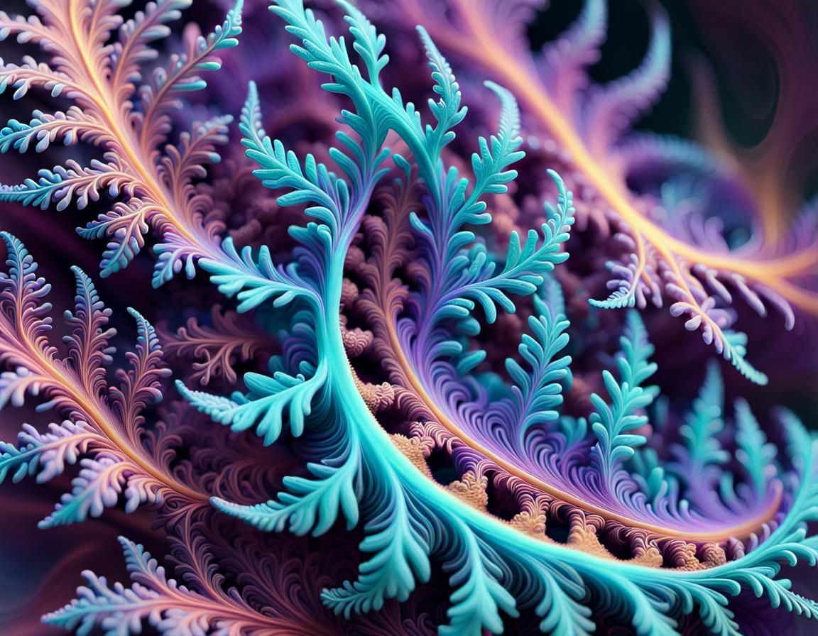 Mandelbrot magic fern. Purples, turquoise, blue, magenta. Infinite. Colourful. Intricate.