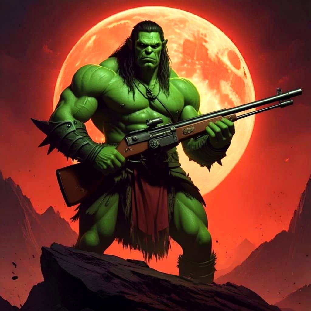 Orc Hunter Under Blood Moon in Epic Fantasy Art