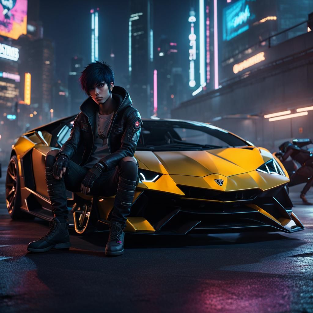 Emo Boy in Cyberpunk City with Anime Girls