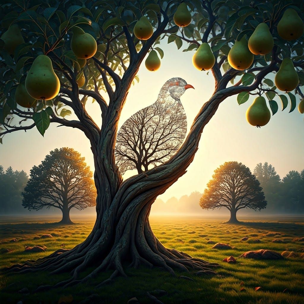 A Partridge Emerge from Twisted Pear Tree Branches in a Surr...