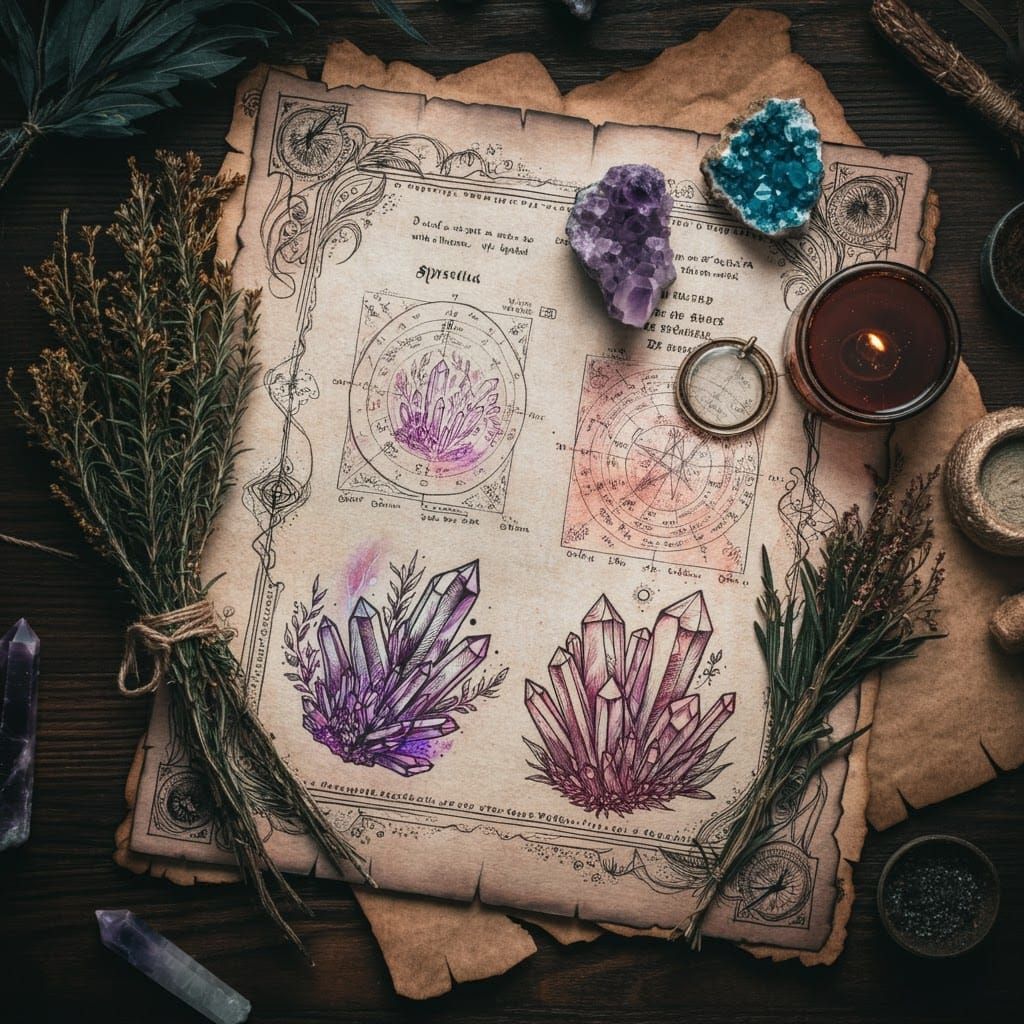 Magical Grimoire Page with Crystal and Herb Sketches
