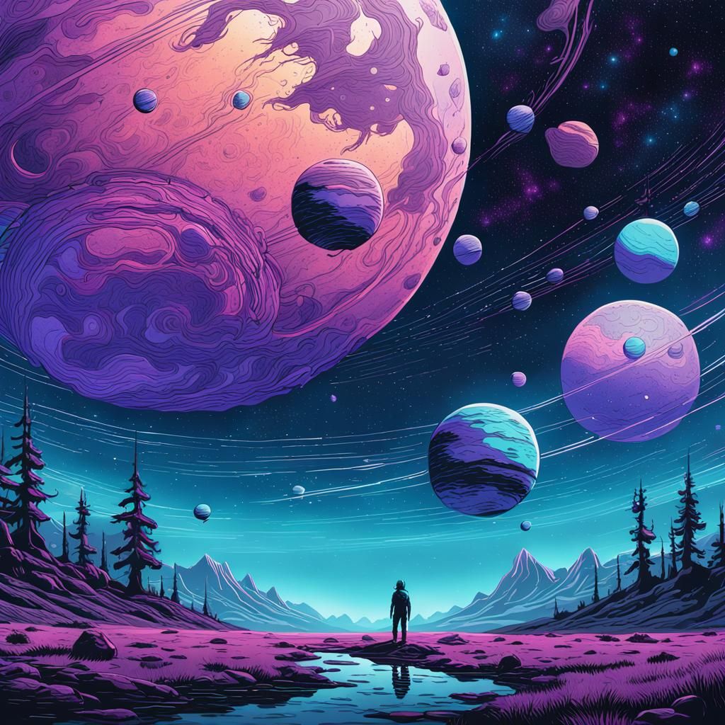 Planets in Starry Sky: Sci-Fi Digital Illustration