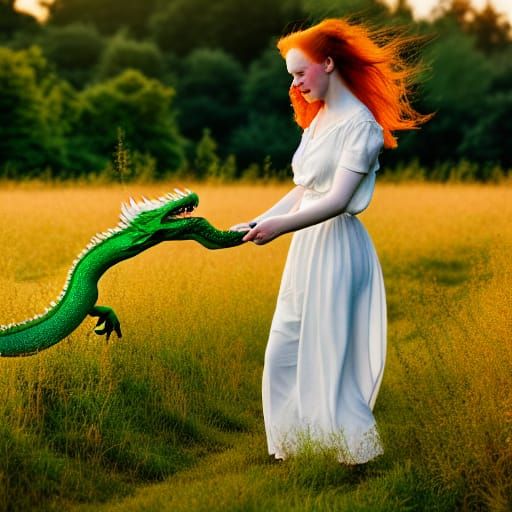 Woman and Dragon in Meadow, Rembrandt Style