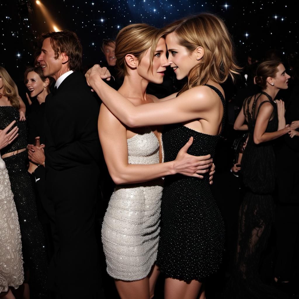 Four Celebrities Hugging Under a Starry Night