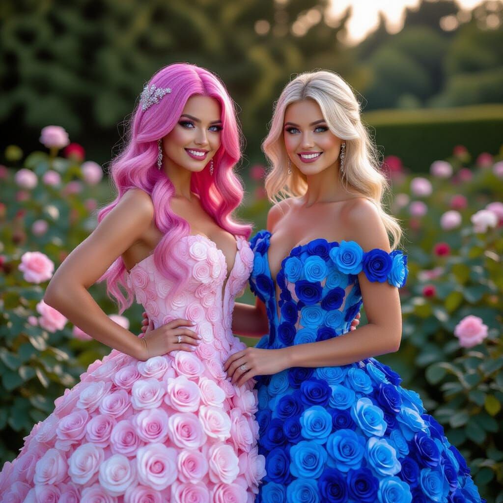 Women in Rose Gowns in Blooming Garden