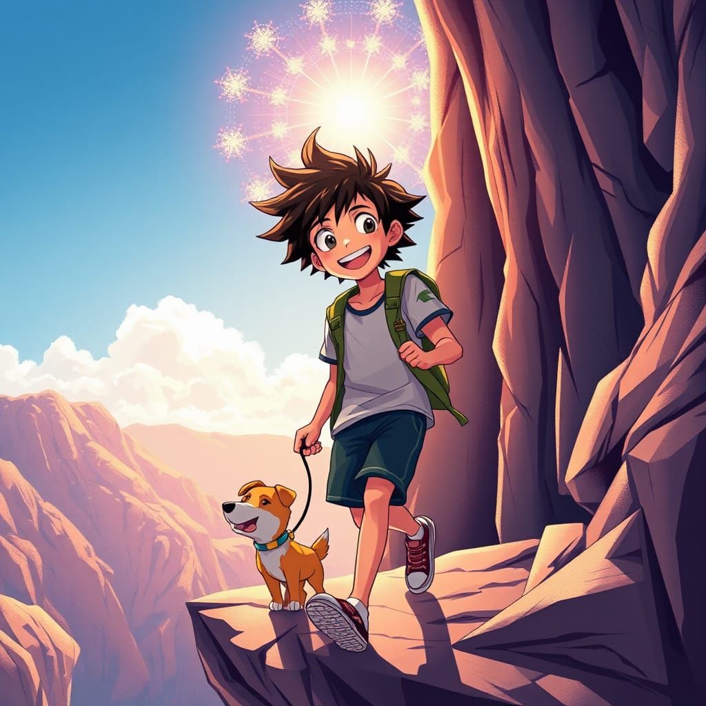 Anime-Style Man and Dog Cliffside Adventure