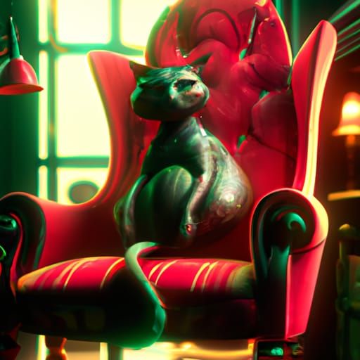 Cat Supervillain in Red Chair: Fantasy Concept Art