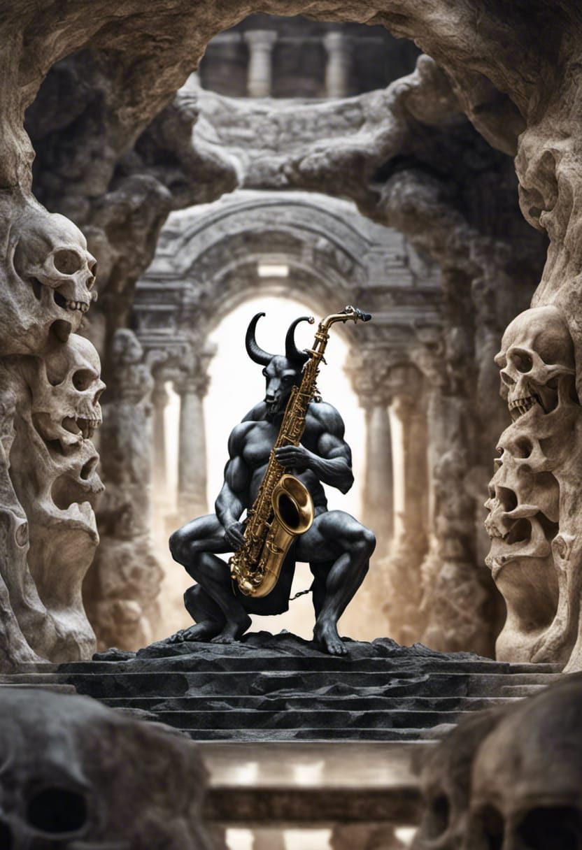 Minotaur Saxophonist in Marble Maze: 3D Render