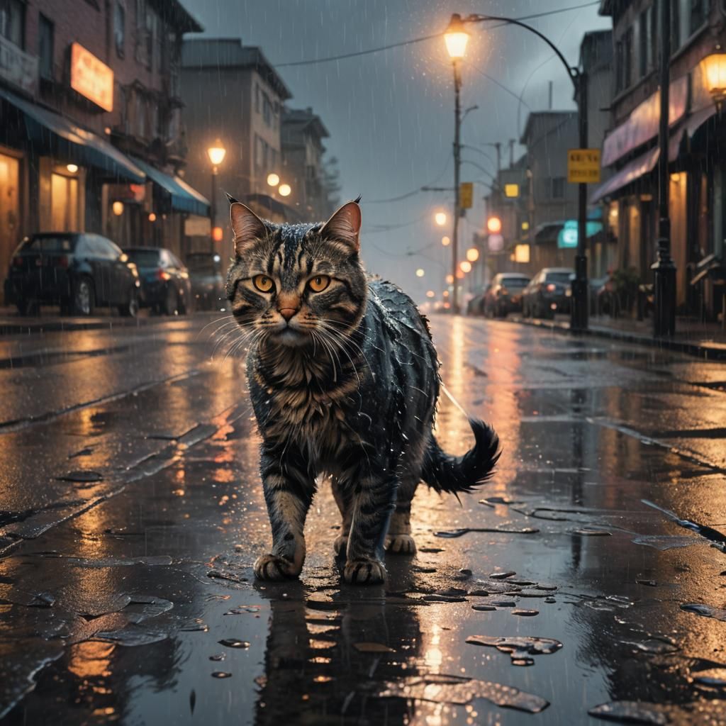 Cat Walking in Rain: Detailed Matte Painting