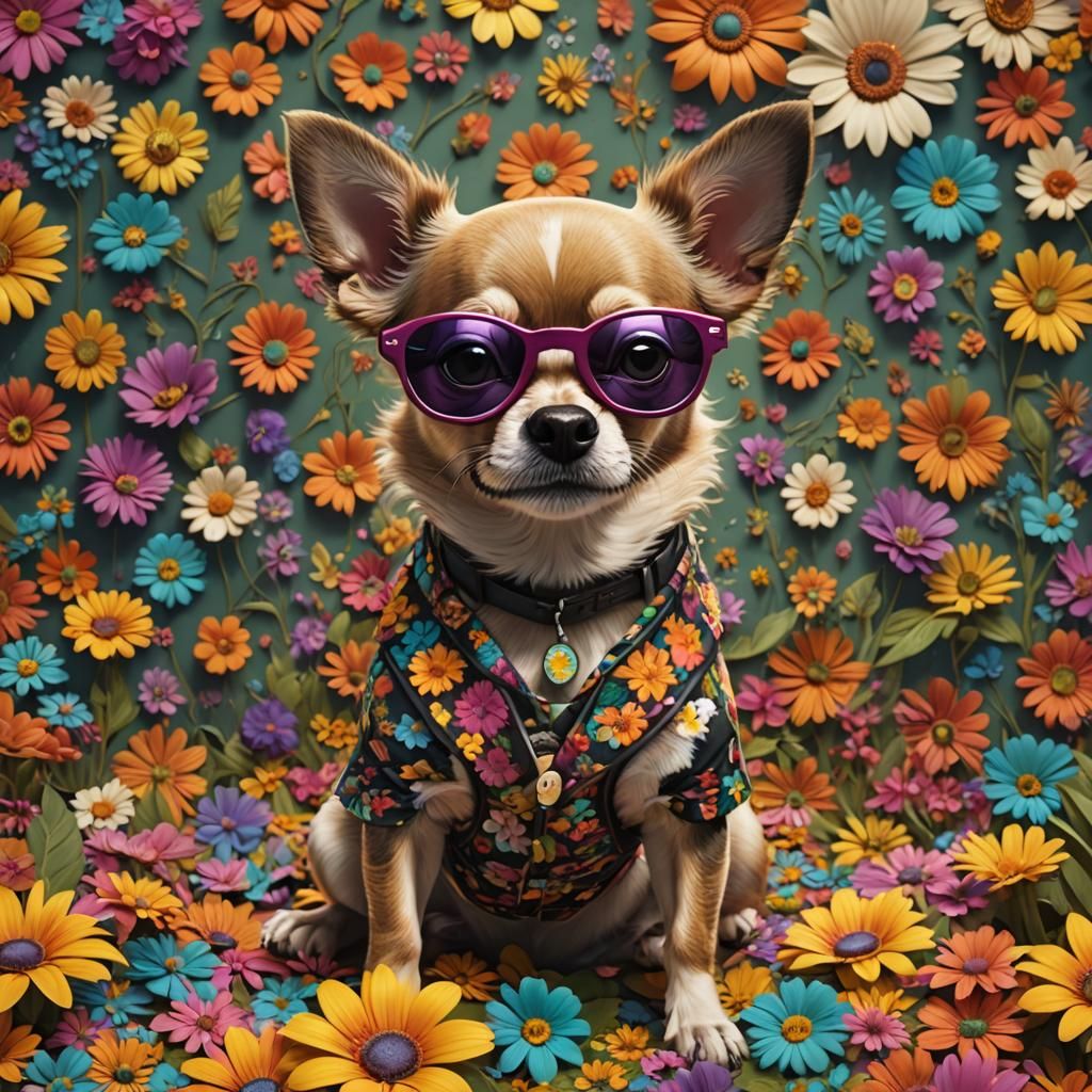 Chihuahua Dog in 60's Flower Power Fashion