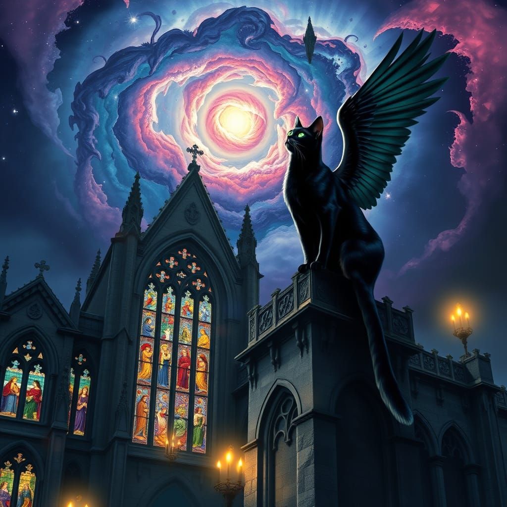 Regal Gargoyle Cat amidst Gothic Cathedral and Celestial Won...