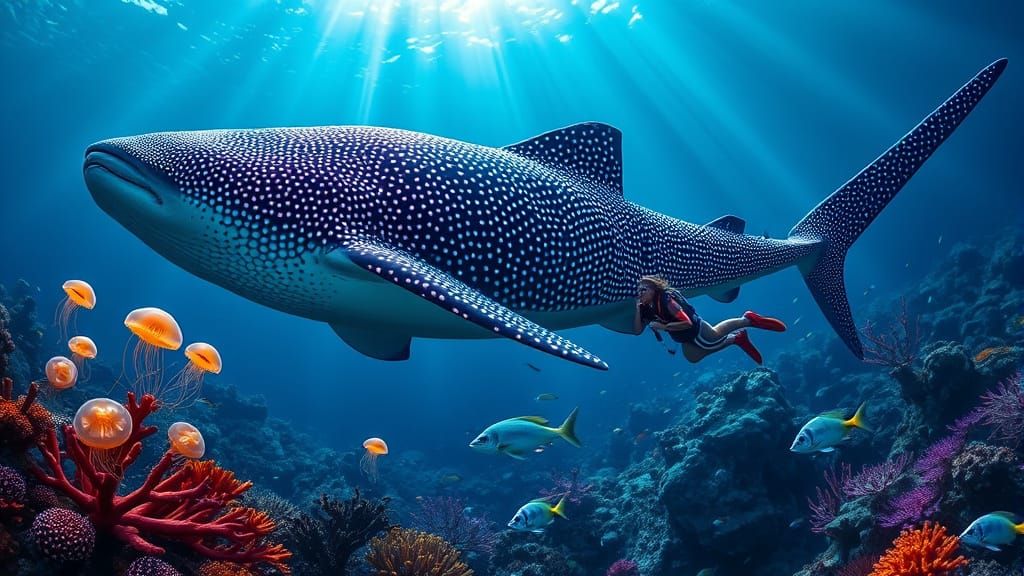 Diver and Whale Shark in a Coral Reef