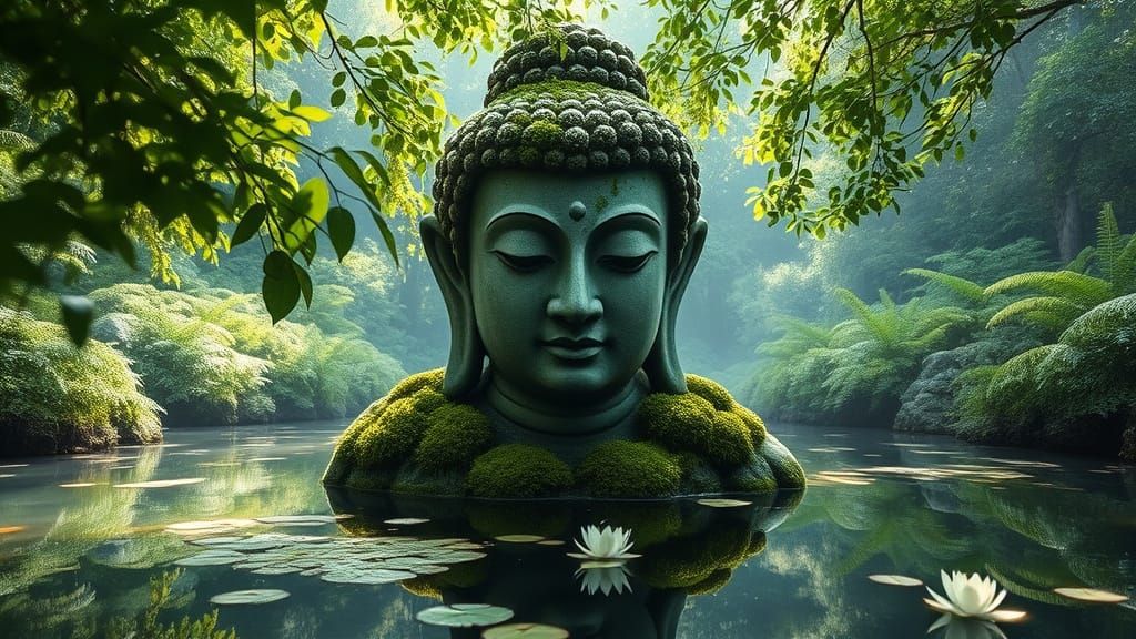 Serenely Submerged Buddha in Verdant Paradise