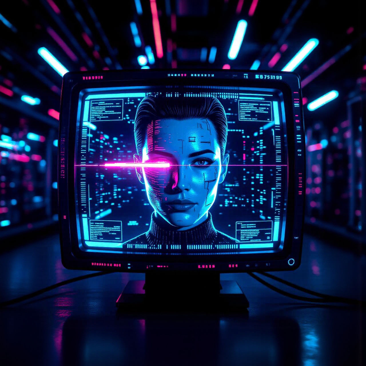 Glitching Face on Viewscreen with Cyberpunk Computer Banks