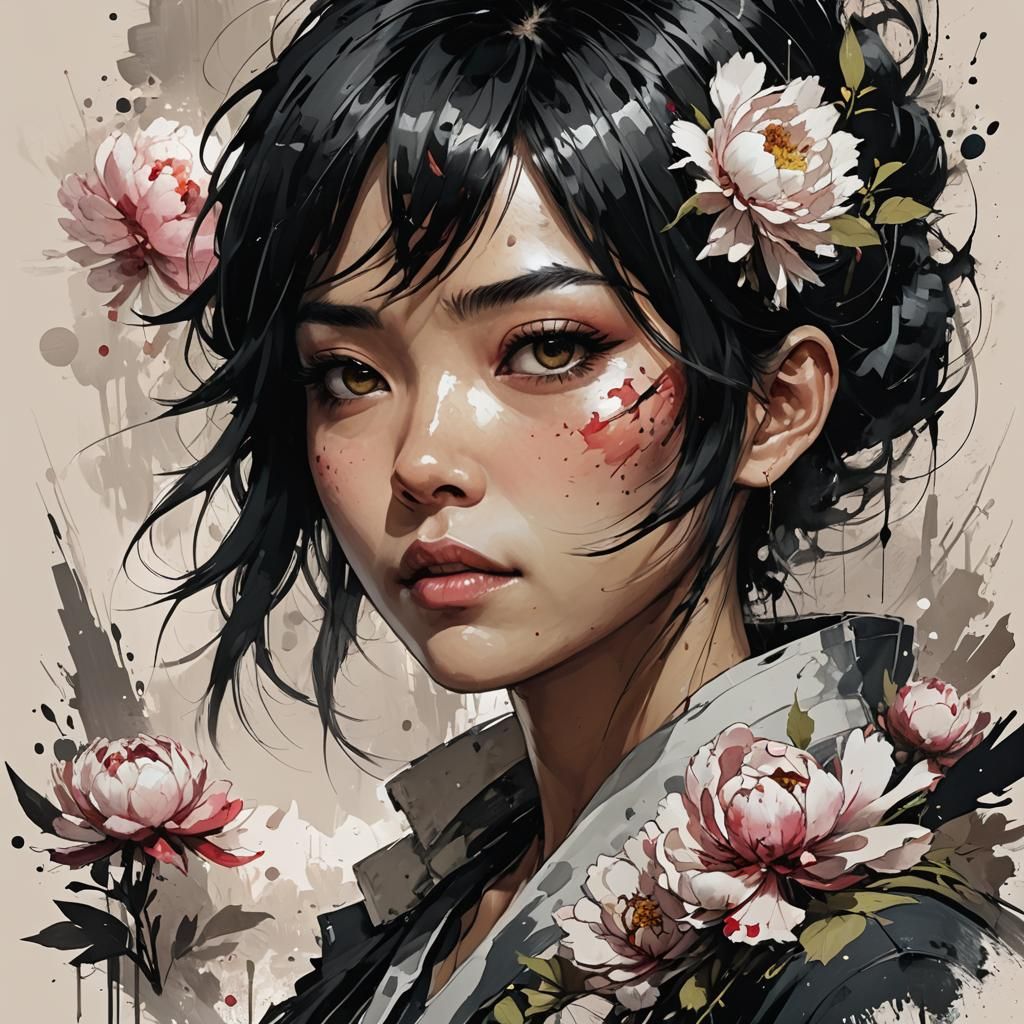 Peony Girl Portrait in Anime Ink Drip Style