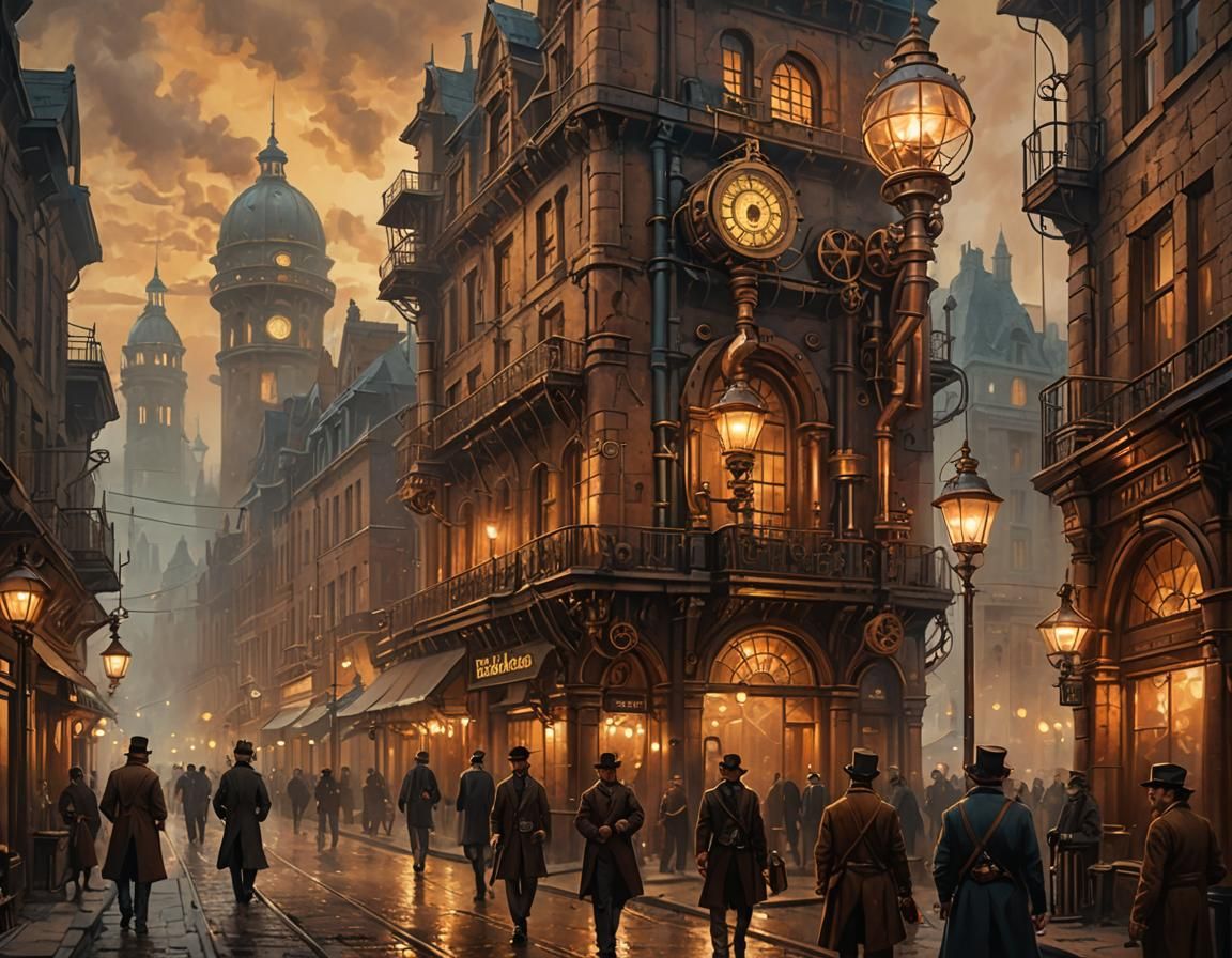 Steampunk Night Streets of the Capital: Close-Up Painting