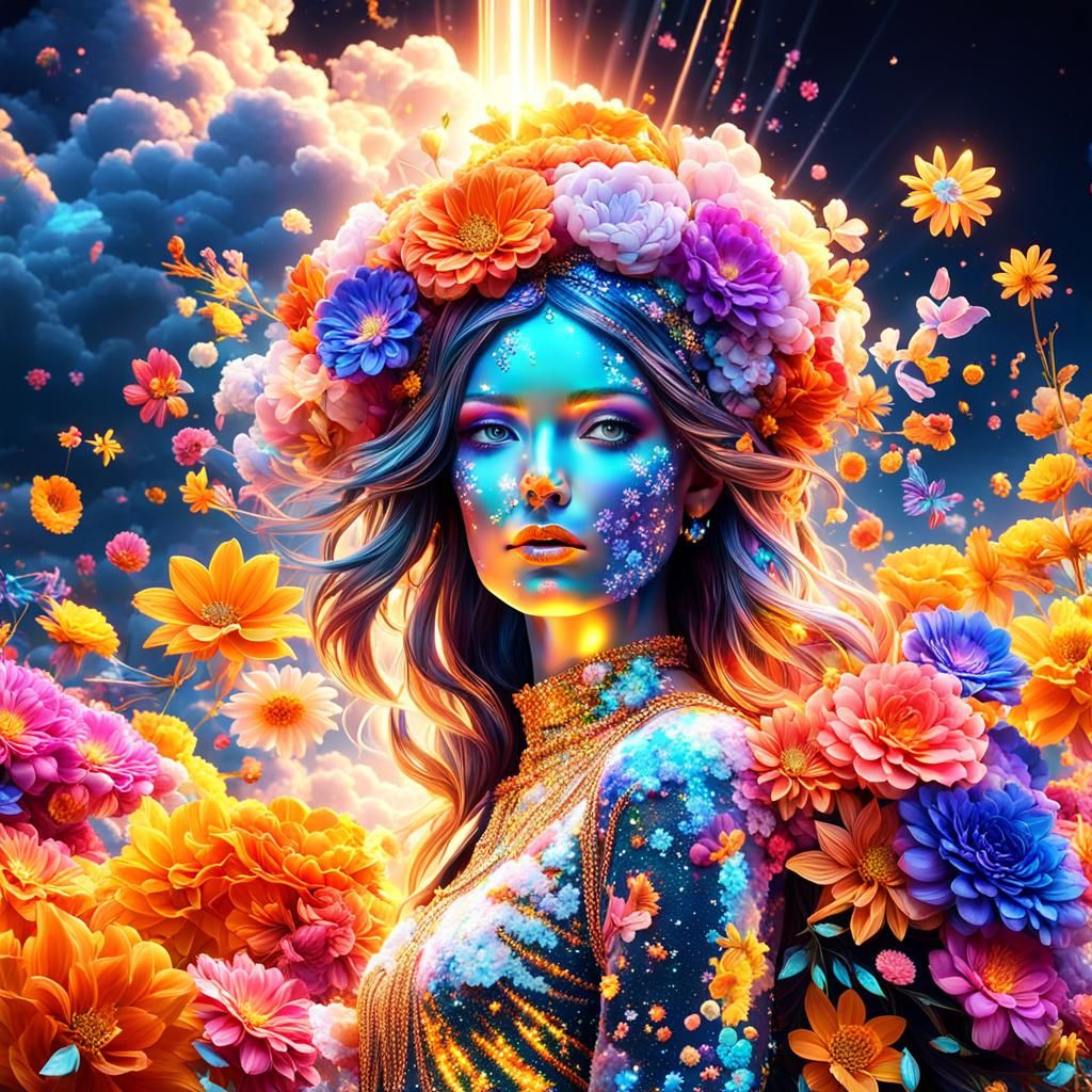 Flower Girl Made of Flowers and Clouds in 3D