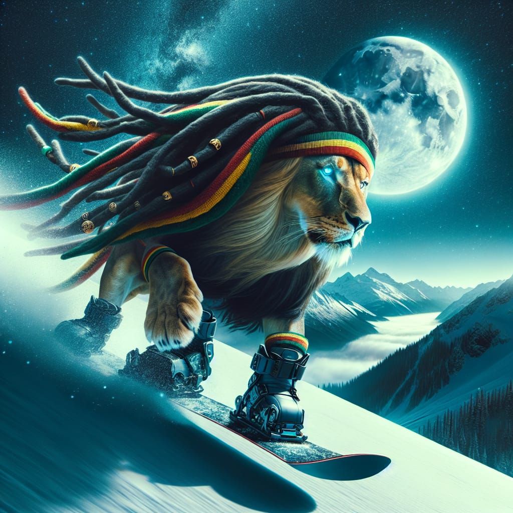 Rastafari Lion Snowboarding in Cyberpunk Alaska
