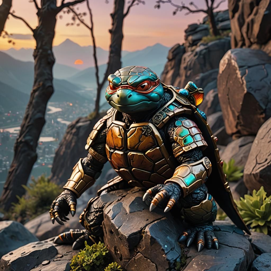 Neon Ninja Turtle Figurine at Sunset