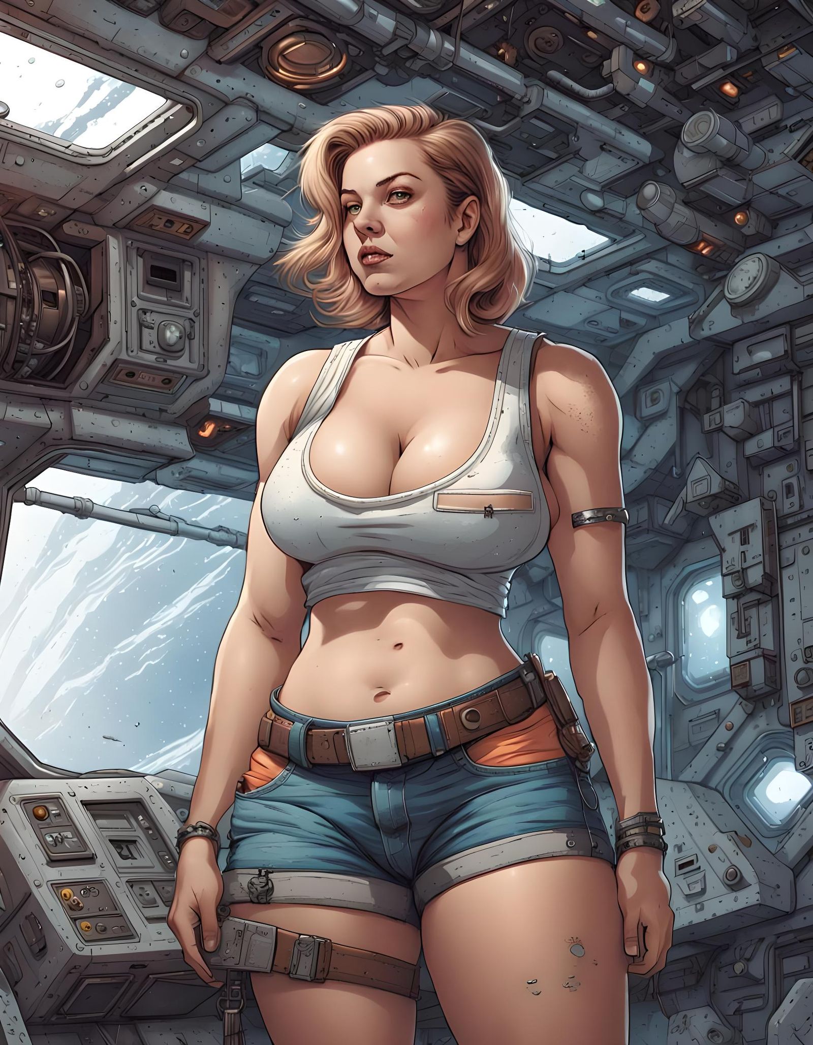 Woman on Abandoned Space Station Comic Illustration