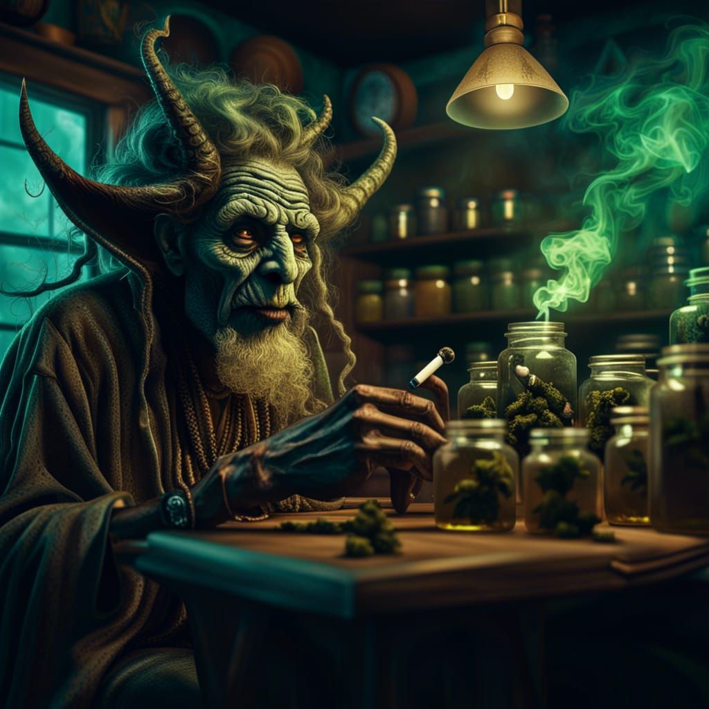 Demon Hippie Smoking in a Spooky Dispensary