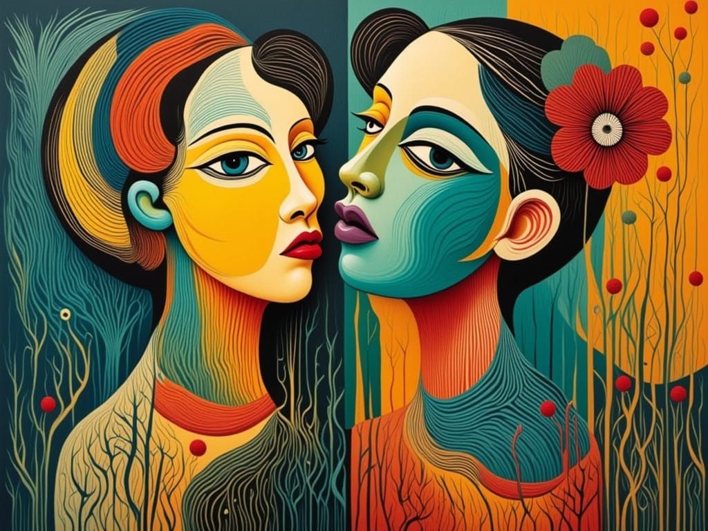 Abstract Wood Couple Portrait in Modern Art Style